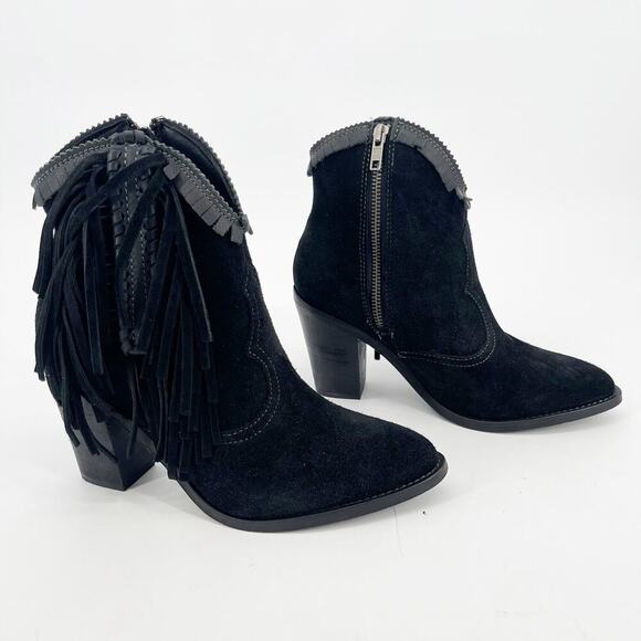 Lucchese Black Suede Sofia Whipstitch Fringe Western Cowgirl Ankle Boot size 7 - Picture 1 of 10
